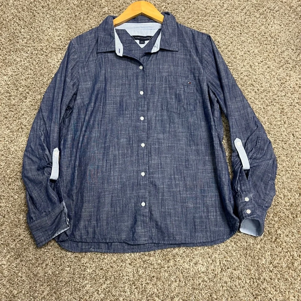 Tommy Hilfiger Mens Blue Chambray Roll Tab Long Sleeve Button Down Shirt Large
